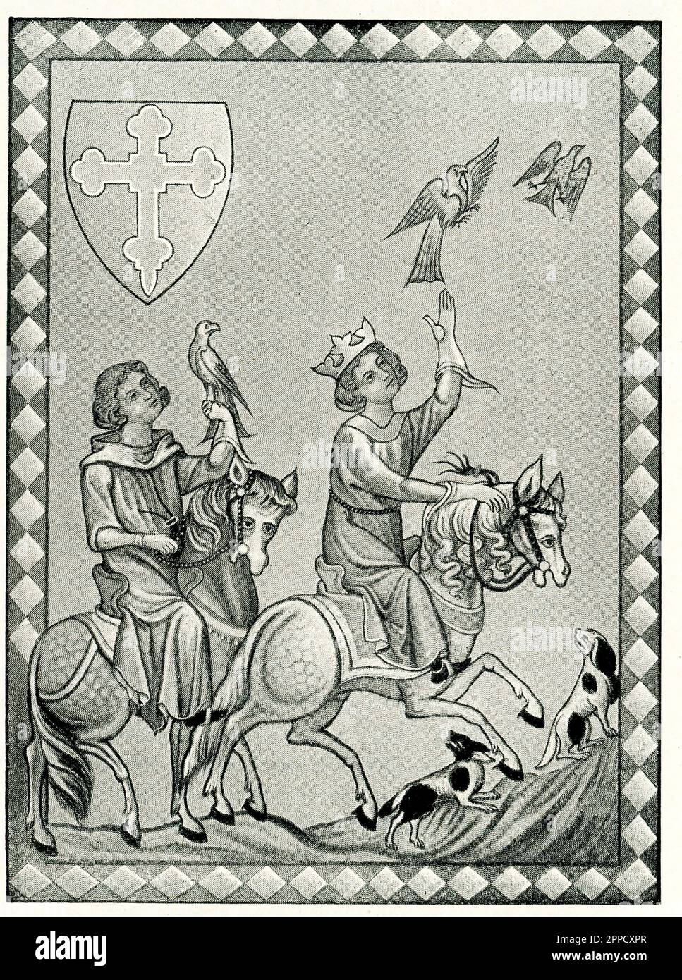 The 1909 caption reads: “King Konrad the Younger out on hawk hunt.” Konrad I (also Conrad I, called the Younger, was the king of East Francia from 911 to 918. He was the first king not of the Carolingian dynasty, the first to be elected by the nobility and the first to be anointed. East Francia refers to area now Germany. Stock Photo