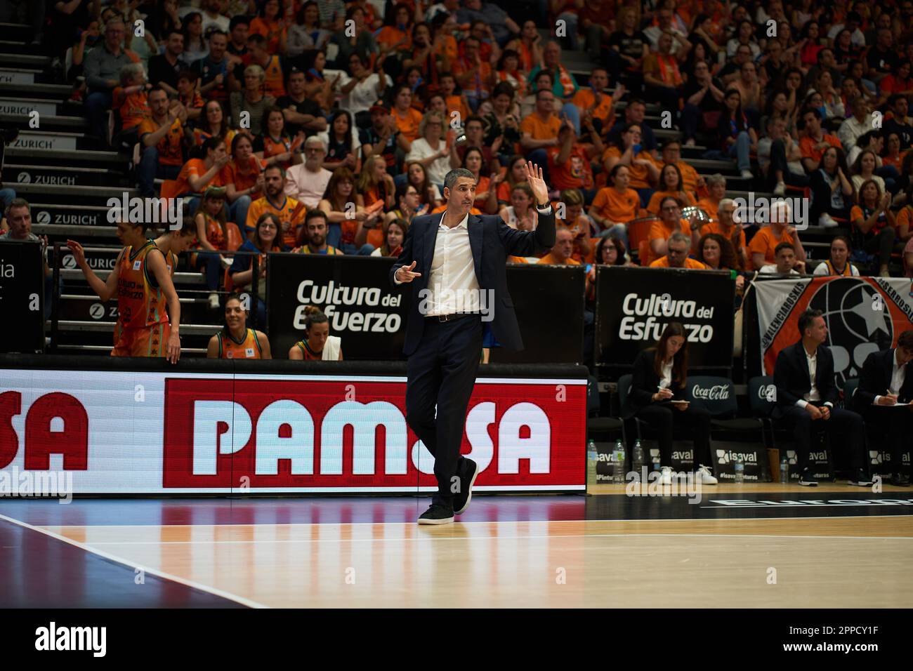 Rubén Burgos, Coach of Valencia Basket in action during the Play off quarterfinals of Liga Endesa on april 23,2023 at Pavilion Fuente de San Luis  (Va Stock Photo