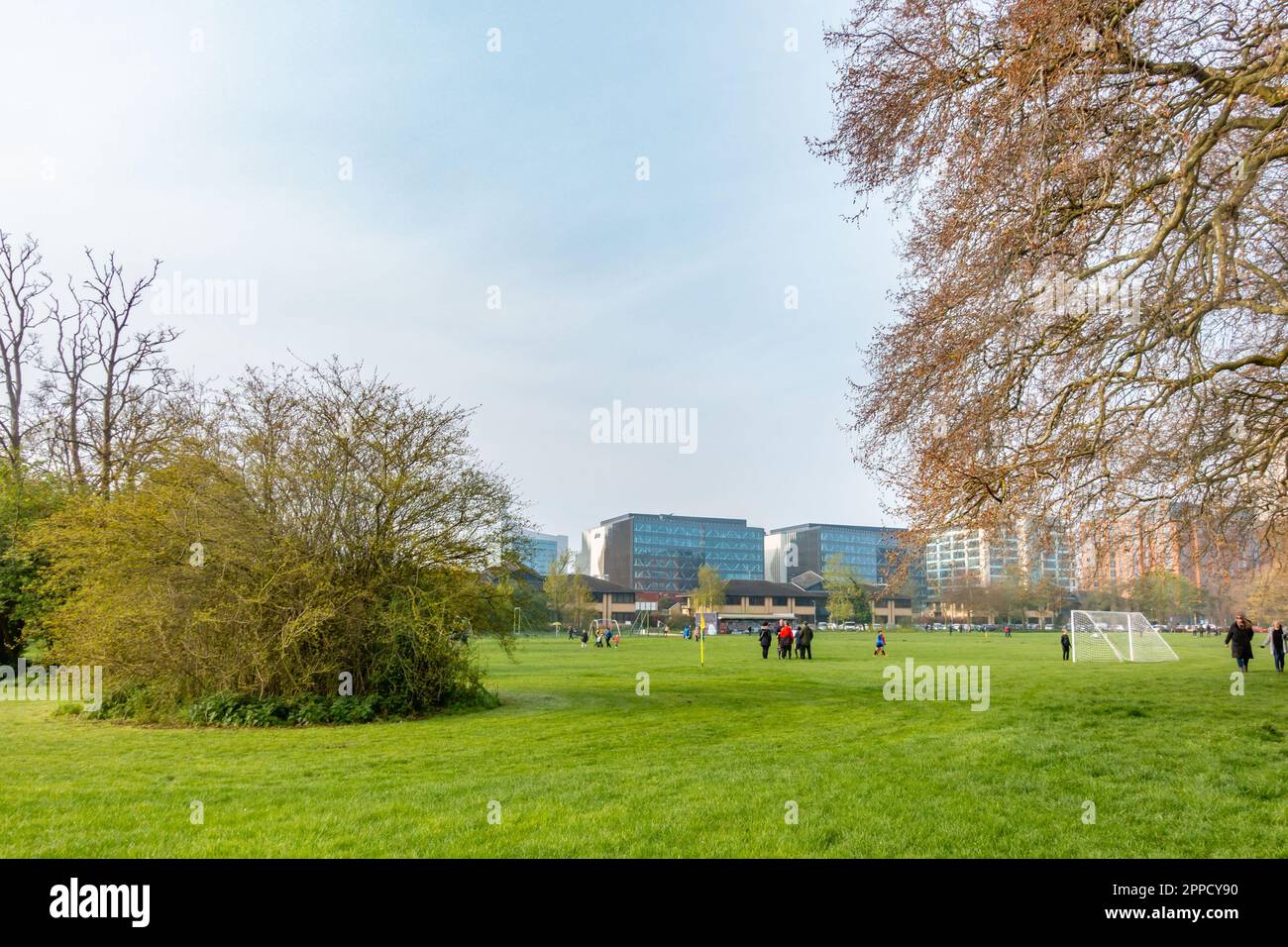 A view of Kings Meadow park in Reading, UK, a public green space which