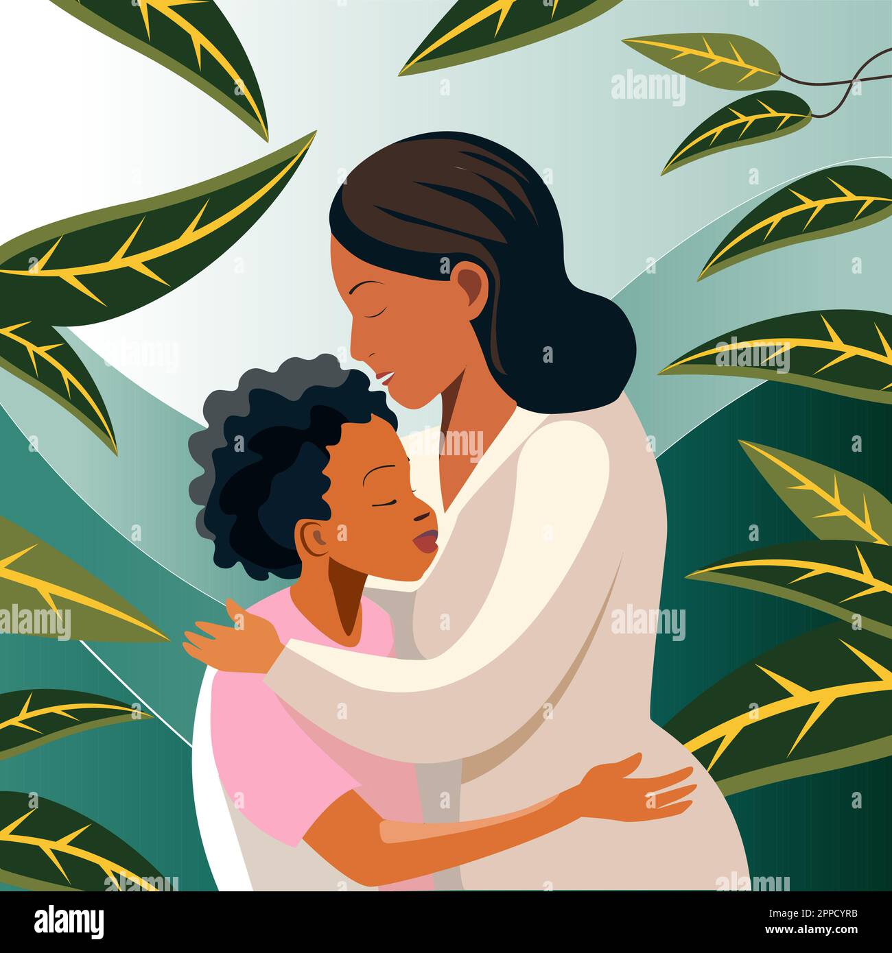 Mom hugs son vector flat with inscription happy mothers day Stock Vector