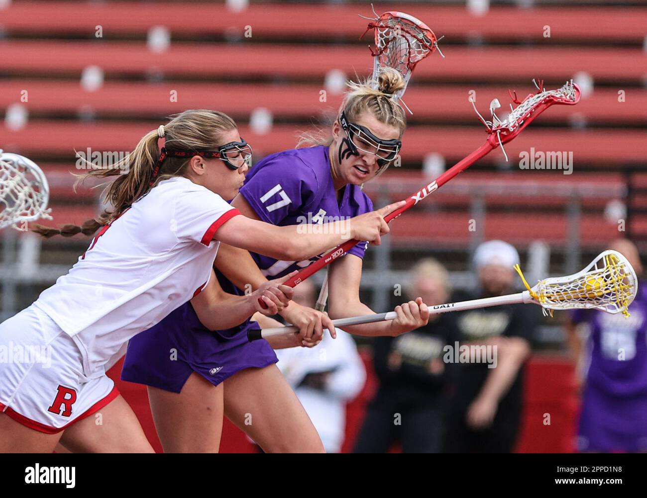 April 23, 2023: James Madison attack Isabella Peterson (17) battles during a NCAA Womens Lacrosse game between James Madison University and the Rutgers Scarlet Knights at SHI Stadium in Piscataway, N.J. Mike Langish/Cal Sport Media.(Credit Image: © Mike Langish/Cal Sport Media) Stock Photo