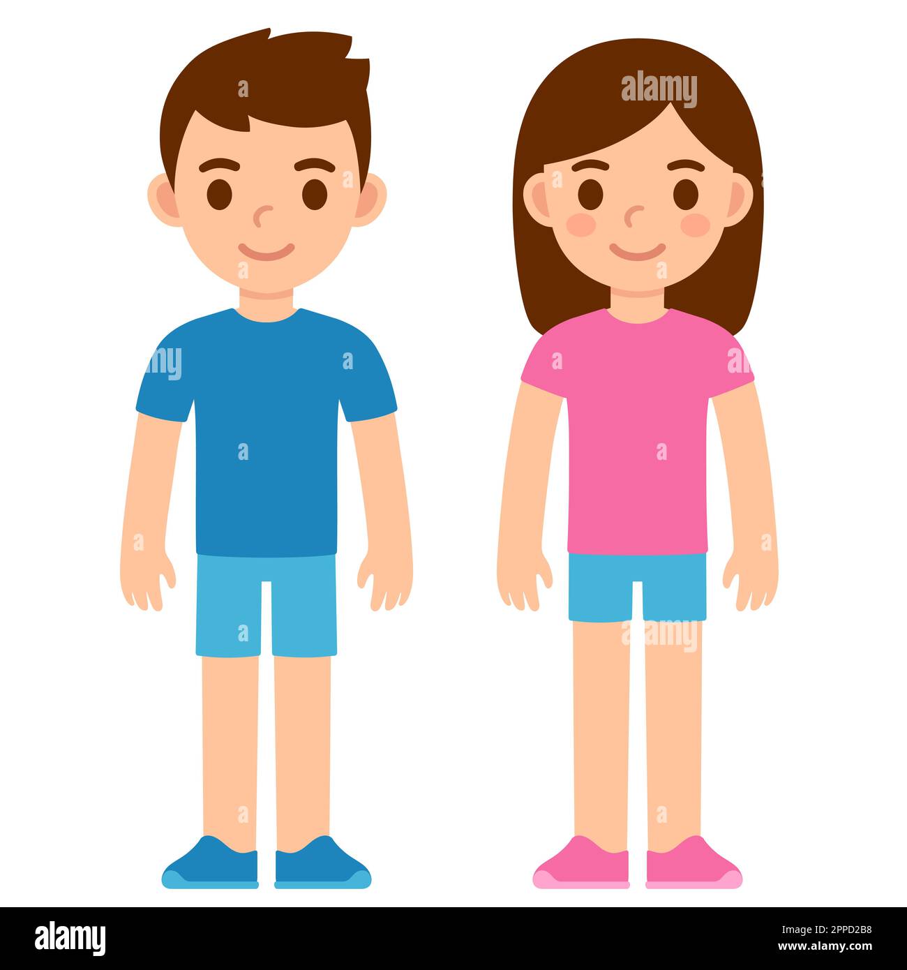 Cute cartoon boy in blue shirt and girl in pink shirt. Children in traditional gender clothes color. Simple flat vector illustration. Stock Vector