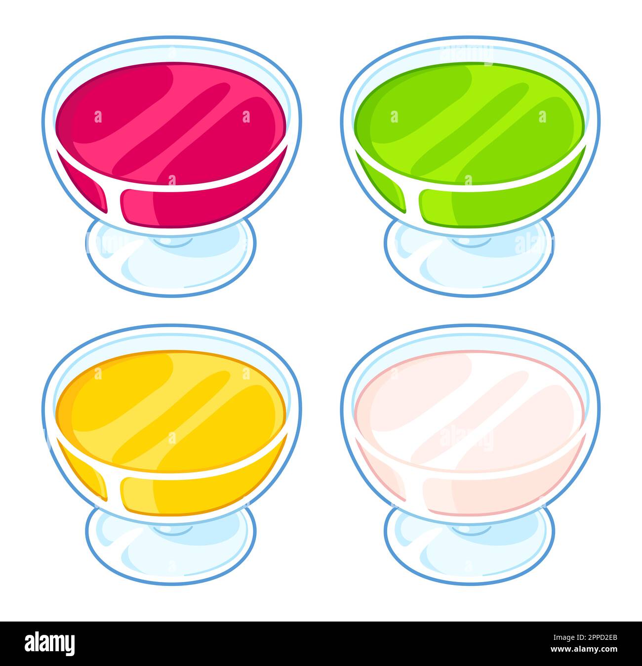 Fruit jelly dessert in glass, different flavors set. Cartoon vector