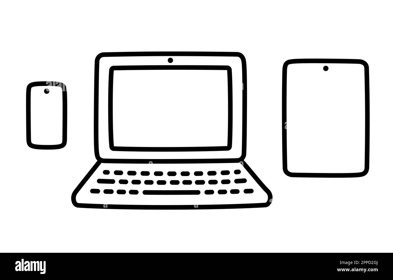 Phone, laptop and tablet doodle icons. Simple hand drawn cartoon