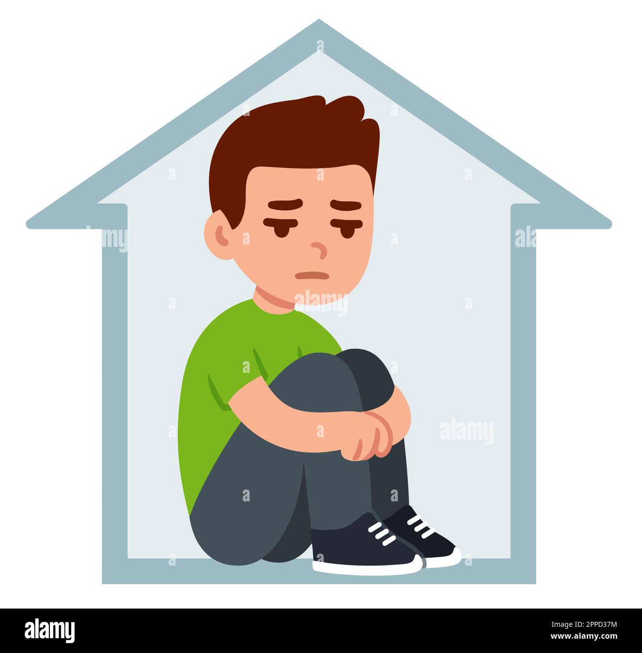 Teenage boy sitting alone at home, hugging knees. Depression, loneliness, social anxiety. Simple flat cartoon drawing. Mental health vector clip art i Stock Vector
