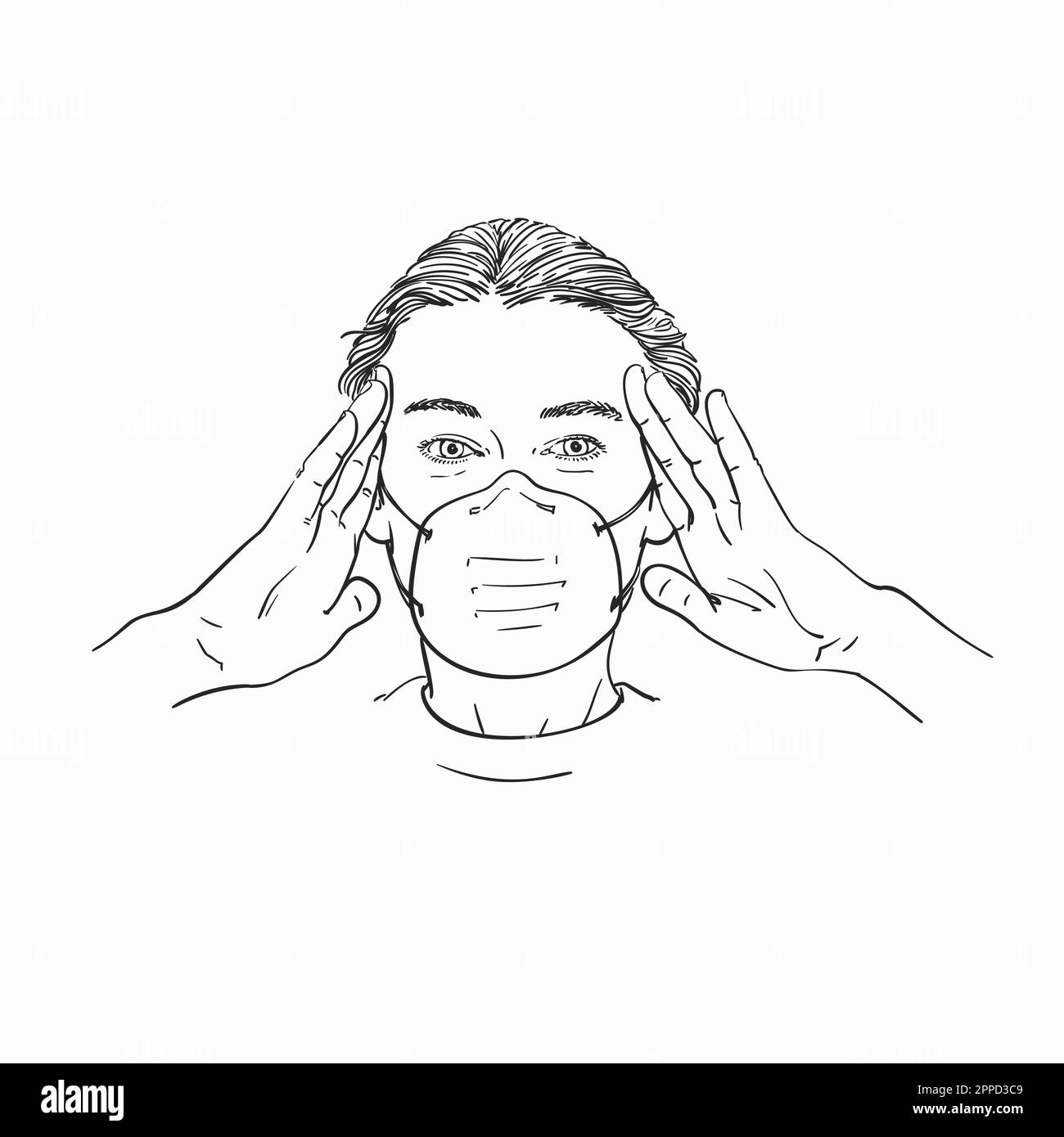 Portrait of young woman in medical face mask keeping her palms on temples and looking strait, Vector sketch, Hand drawn illustration Stock Vector