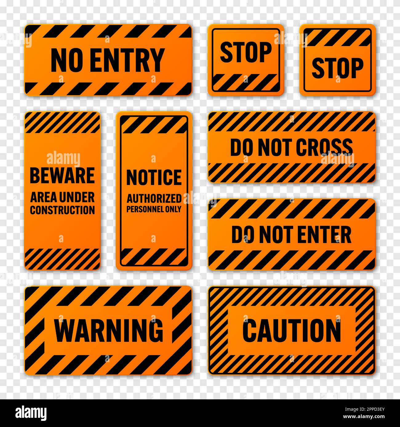 Various black and orange warning signs with diagonal lines. Attention ...