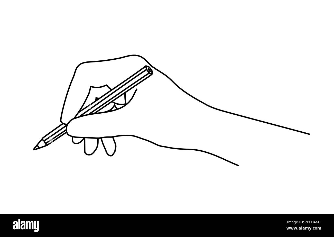 Hand holding a pencil, writing, signing a document or drawing. Hand drawn with thin line. Vector illustration isolated on white background Stock Vector