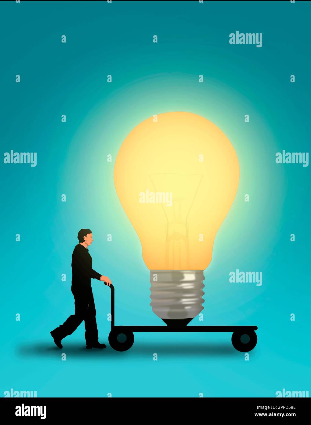 Businessman pushing large illuminated light bulb on trolley Stock Photo