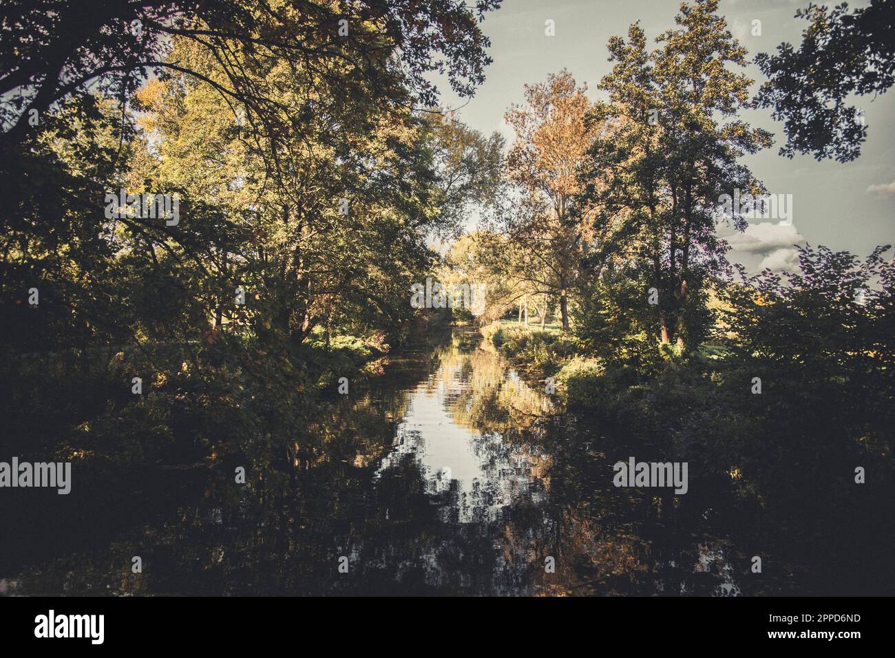 Lake reflecting surrounding trees in early autumn Stock Photo - Alamy