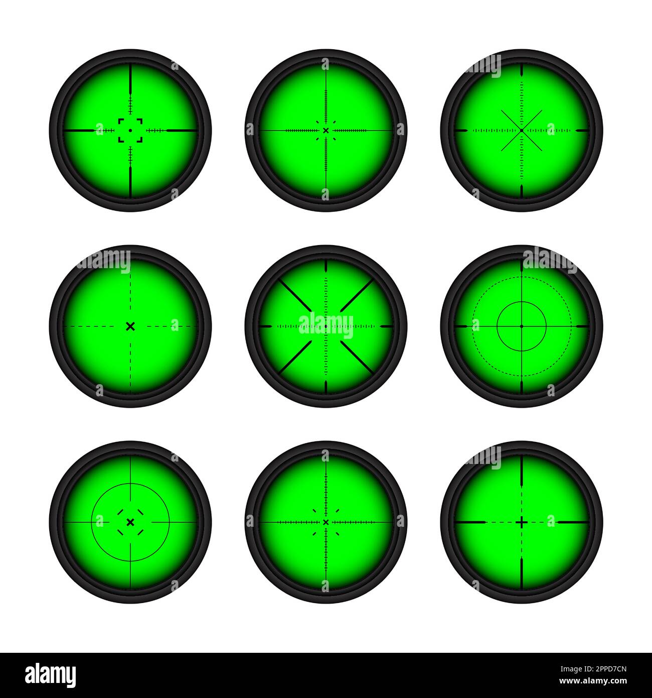 Various weapon night sights, sniper rifle optical scopes. Hunting gun viewfinder with crosshair