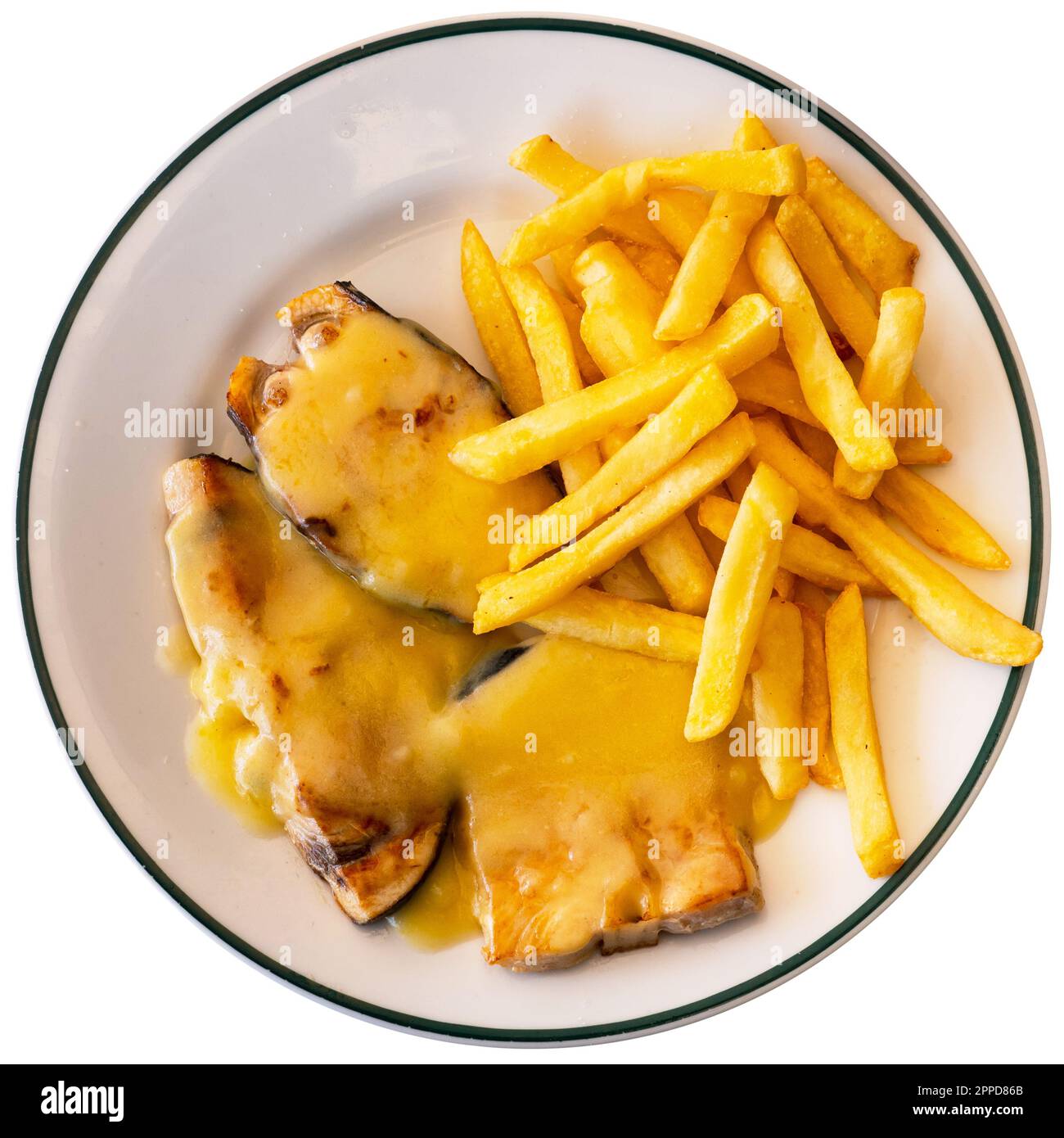 Cooked swordfish in hollandaise sauce with french fries close up Stock