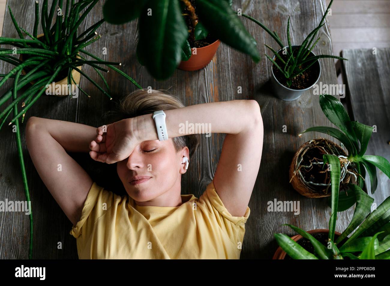 Mature woman sleeping amidst plants at home Stock Photo