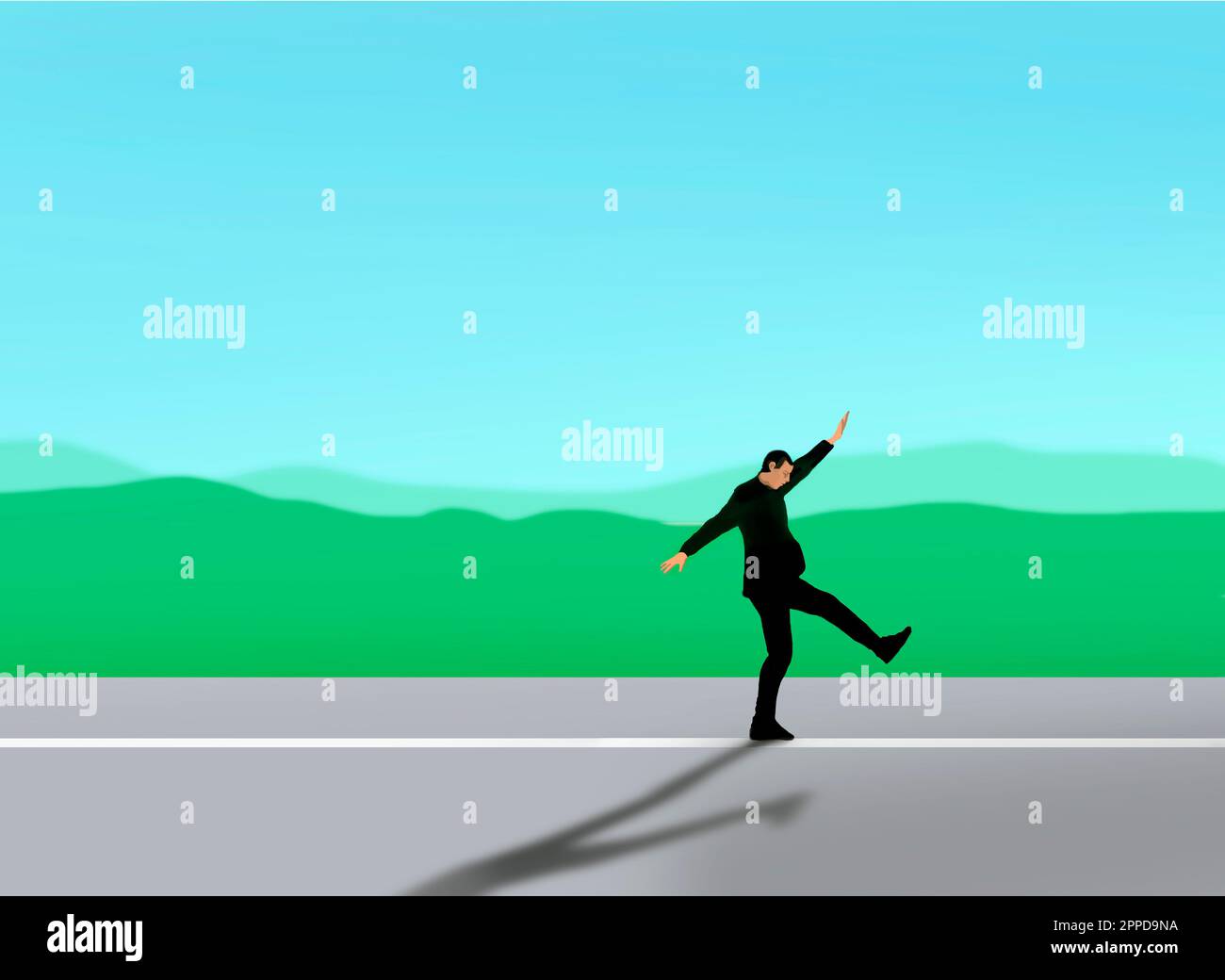 Man balancing along straight line on asphalt road Stock Photo Alamy