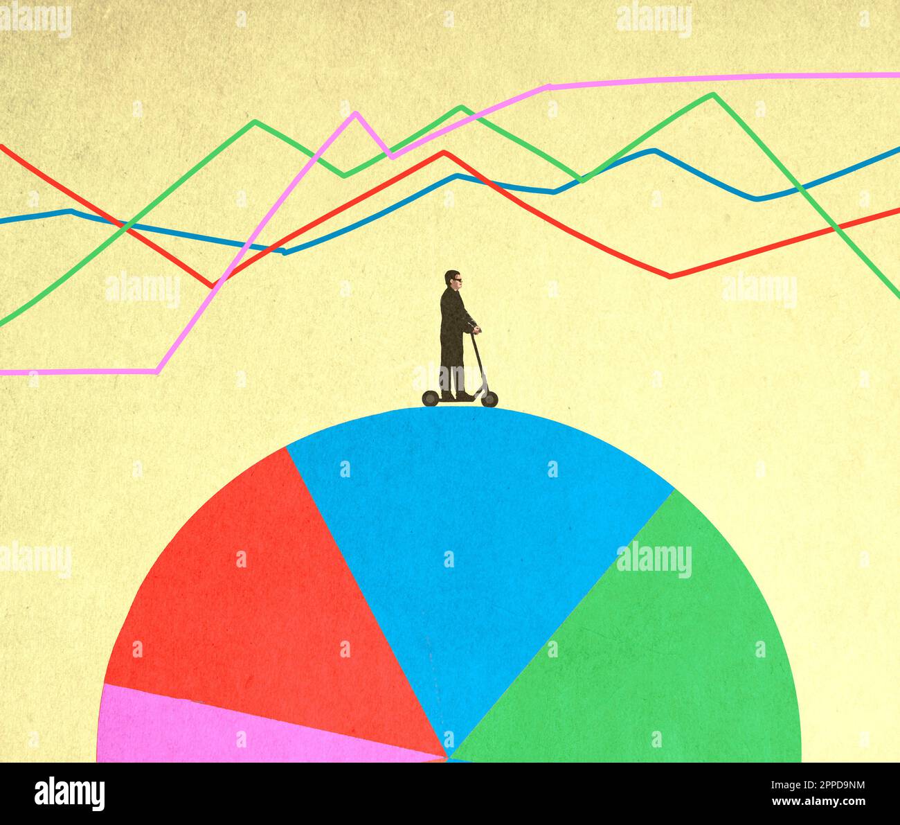 Man riding push scooter on pie chart Stock Photo Alamy