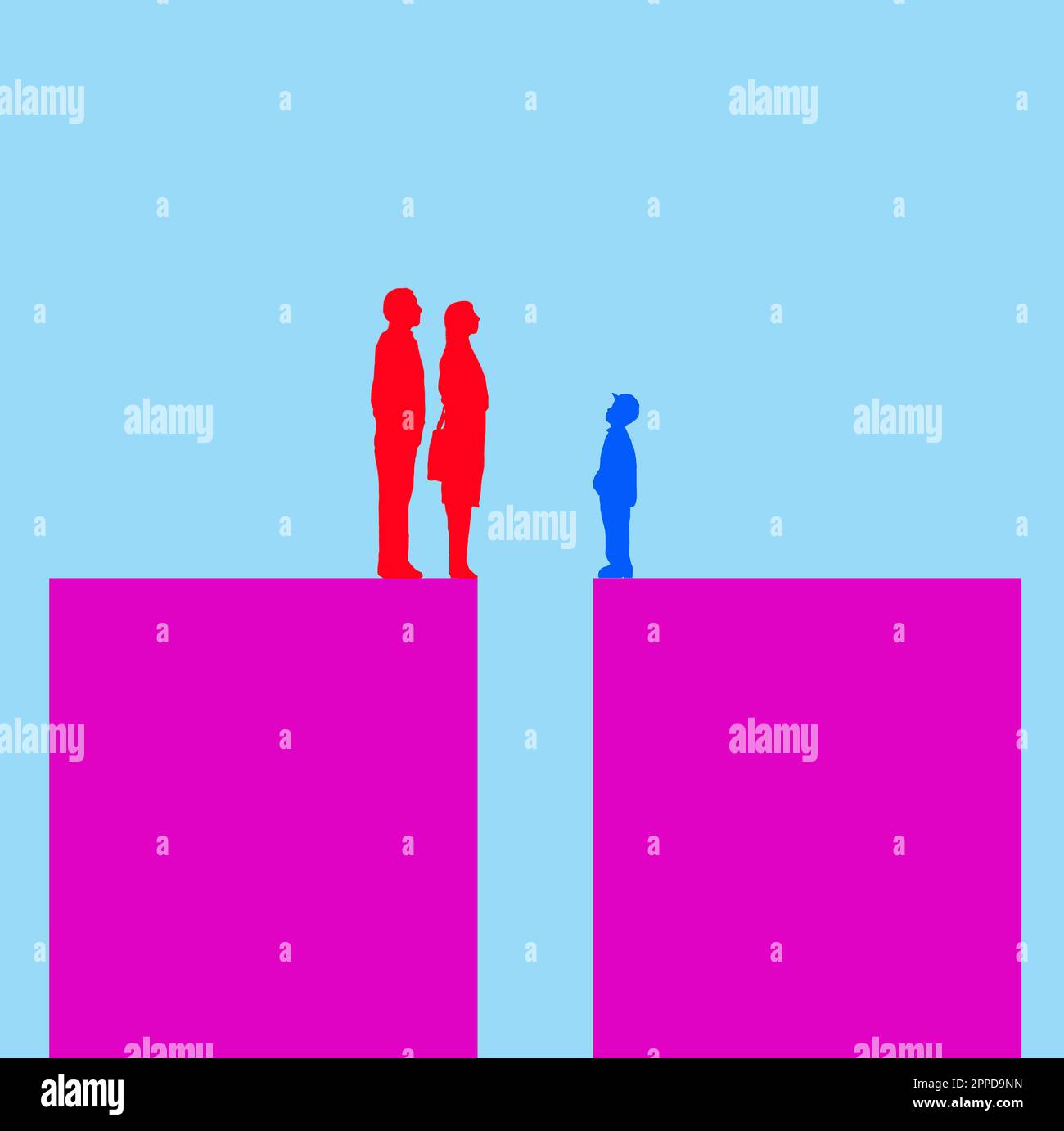 Illustration of parents and child standing on separated blocks Stock Photo