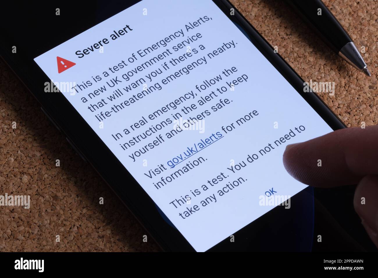 Severe Alert seen on the screen of smartphone. Test of Emergency Alerts