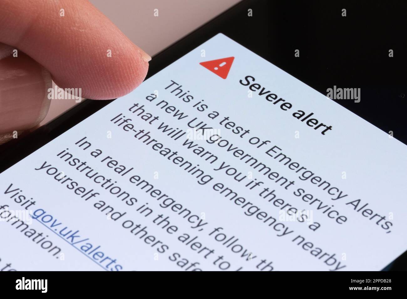 Severe Alert seen on the screen of smartphone. Test of Emergency Alerts