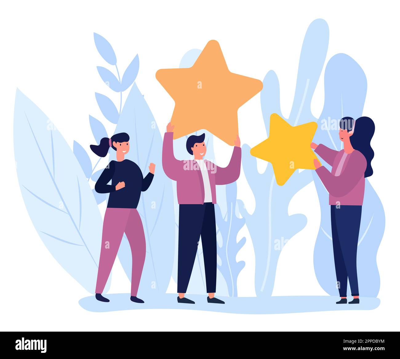 A vector illustration of people holding stars and giving a five-star ...