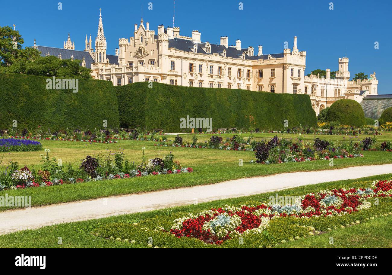 gardens of the Lednice Chateau built in Neo-Gothic or Tudor Gothic architecture, Lednice and Valtice area, South Moravia, Czech Republic Stock Photo