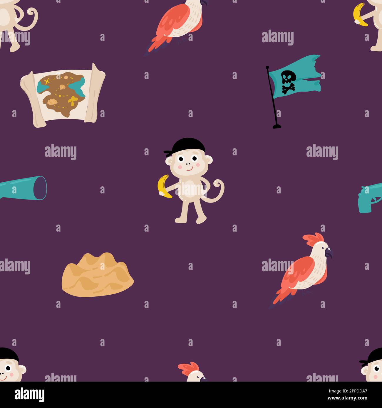 Pirate sea flat vector seamless pattern. Sailing backdrop. Anchor, map ...