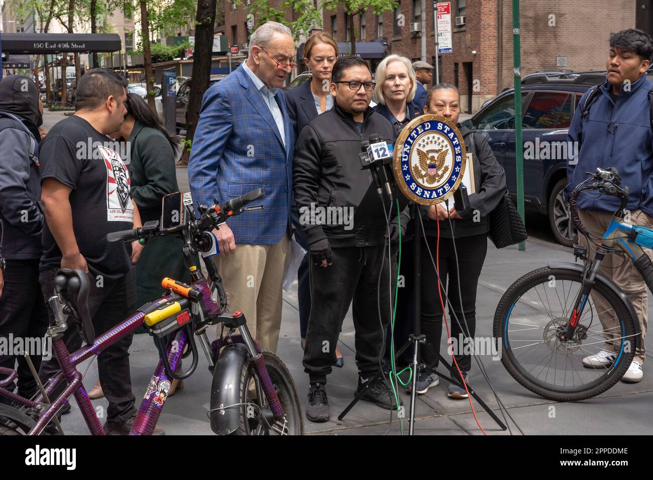 NEW YORK, NEW YORK - APRIL 23: Alfonso Villa Munoz, father of Stephanie Villa Torres who lost her life in a battery fire, speaks at a press conference on regulating standards for Lithium-Ion Batteries used in e-bikes and e-scooters on April 23, 2023 n New York City. Senate Majority Leader Chuck Schumer joined by U.S. Senator Kirsten Gillibrand and Fire Department of New York (FDNY) Commissioner Laura Kavanagh push for legislation that would regulate Lithium-ion batteries amidst a rash of recent related fires. Credit: Ron Adar/Alamy Live News Stock Photo