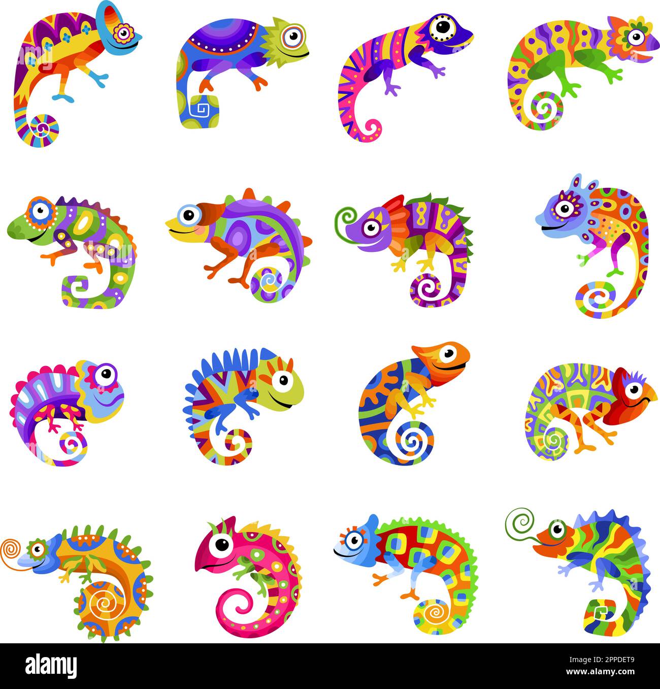 Colorful chameleons. Exotic wild animals recent vector stylized pictures of lizards Stock Vector