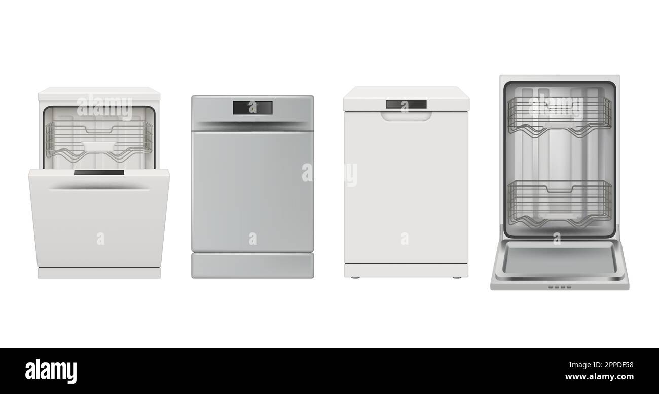 Dishwasher. Machine for washing dishes closed and opening decent vector