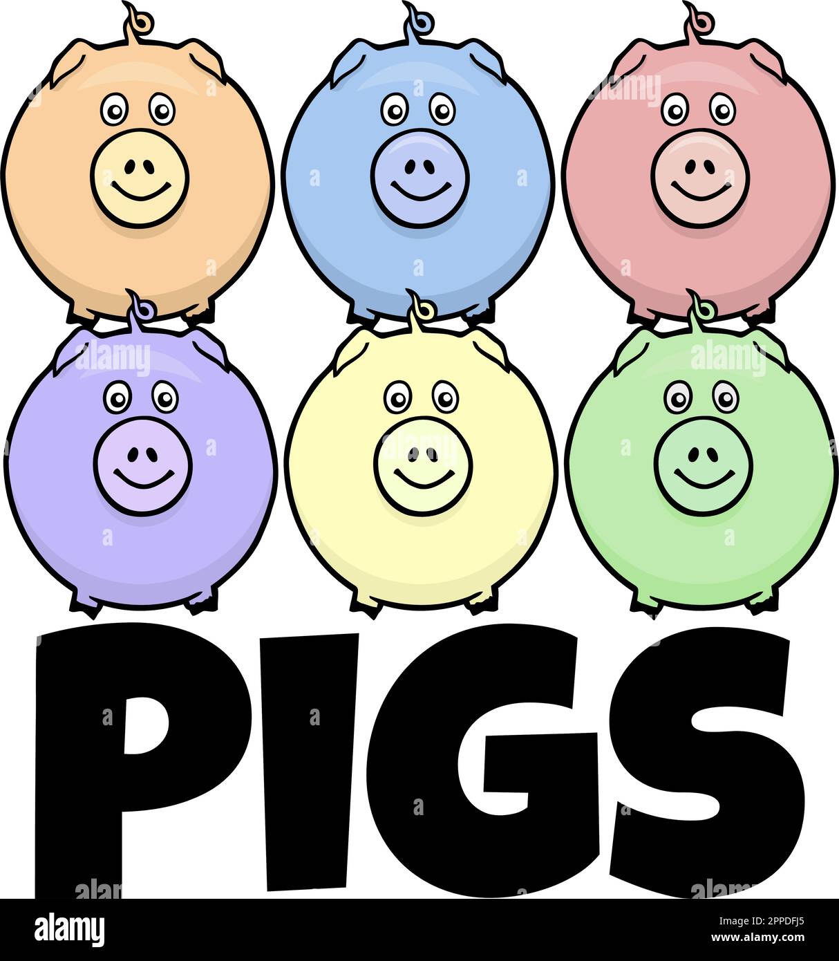 six cartoon pigs in a row with the word pigs Stock Vector Image & Art