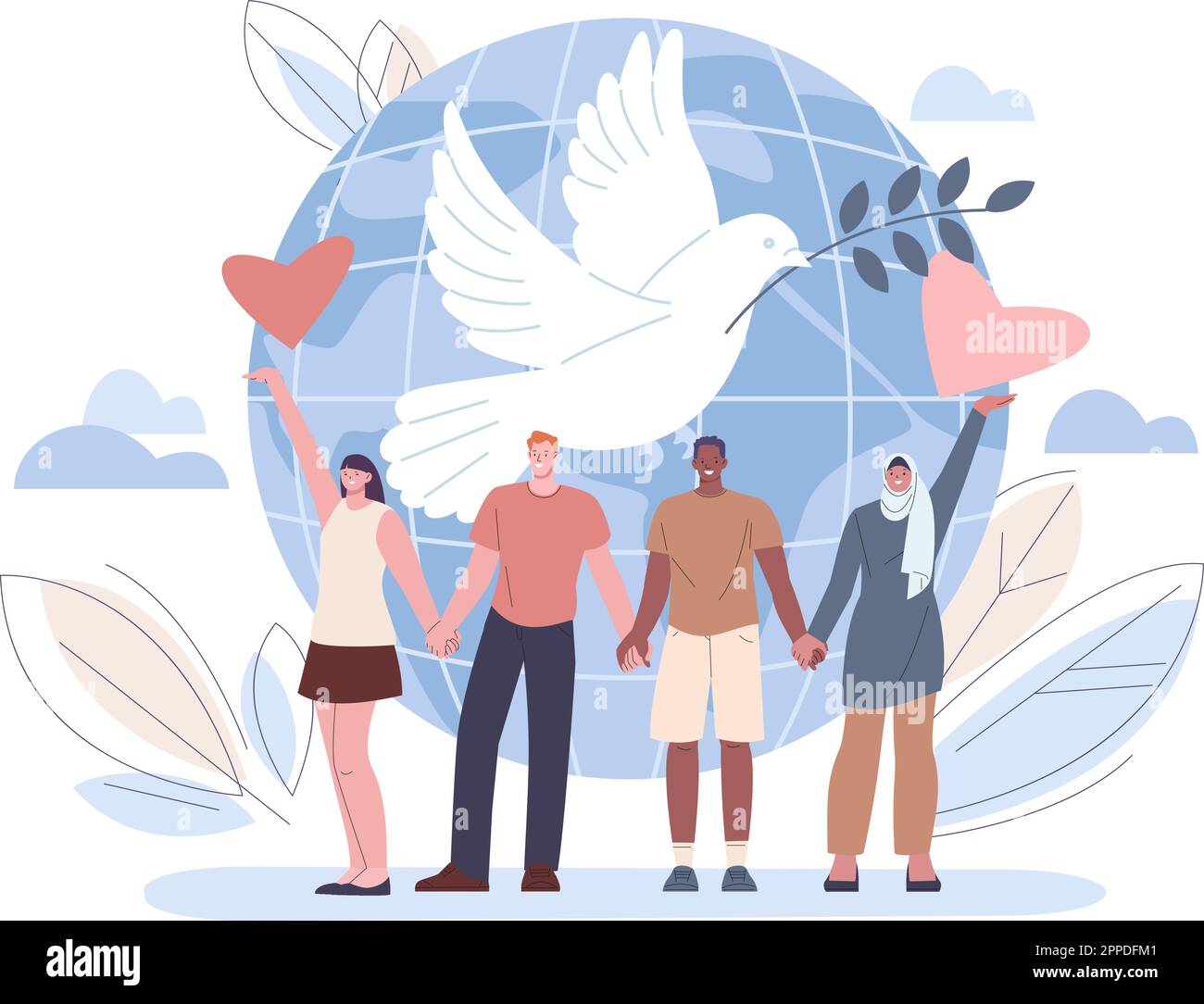 Peace and international friendship concept. Nonviolence, white dove with branch and multicultural people group holding hands, kicky vector scene Stock Vector