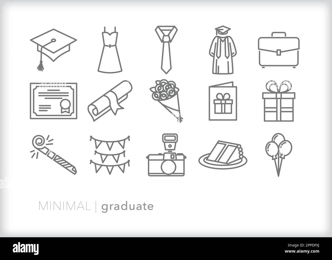 Set of graduate line icons of themes and items to celebrate a high school of college grad for commencement Stock Vector