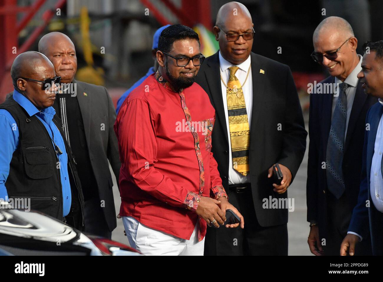 Guyana's President Mohamed Irfaan Ali, center, arrives to inaugurate a