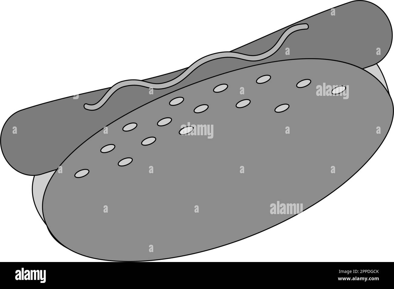 Hot dog with sesame bun, sausage and mustard in grayscale. Fast food