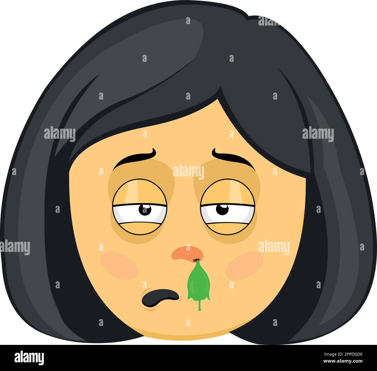vector illustration emoticon face of a yellow cartoon woman with a cold and mucus falling from her nose Stock Vector