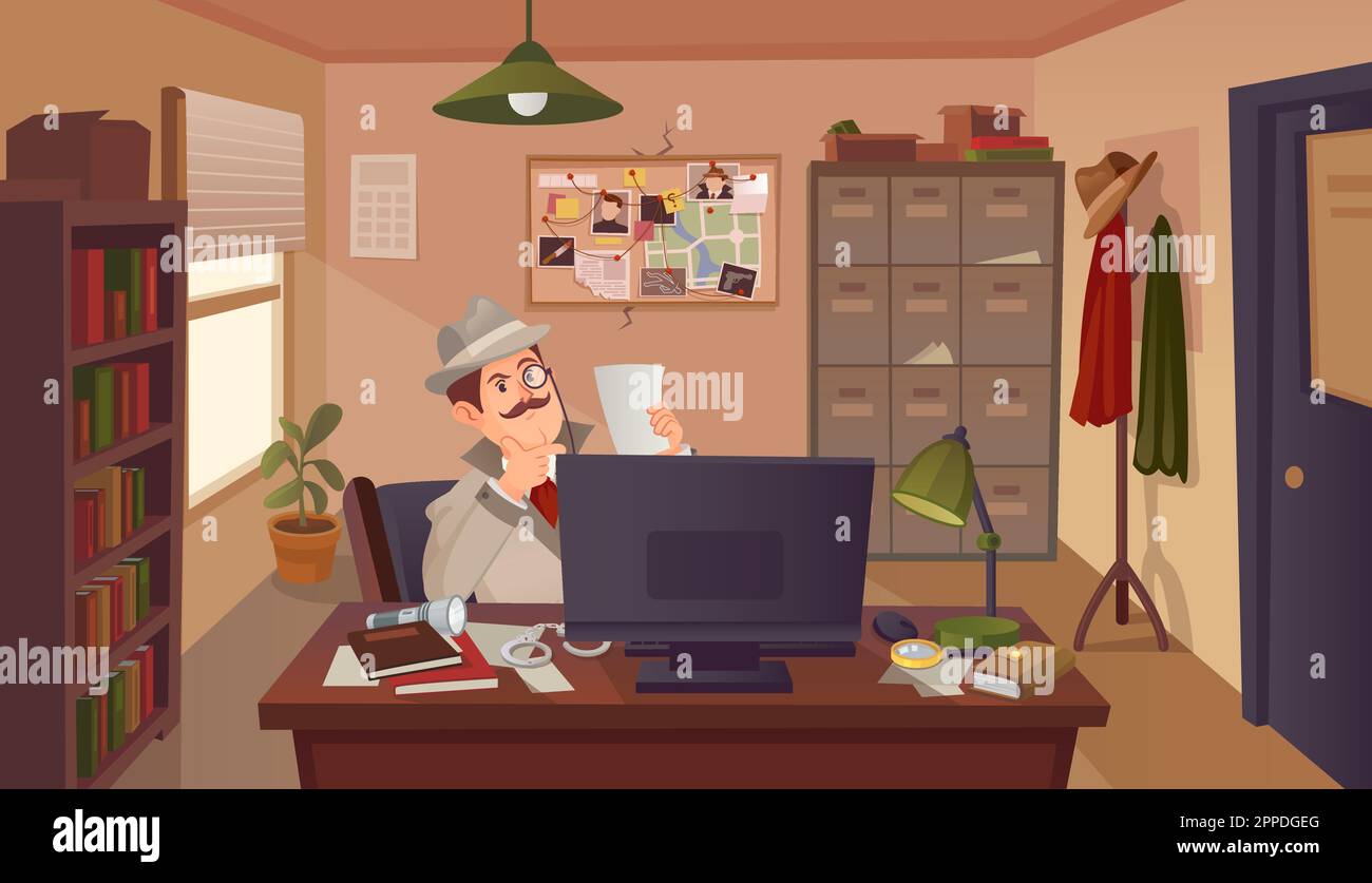Detective in office room. Private investigator at table cabinet interior investigate disclosed crime, research evidence of suspect on police workplace, vector illustration of detective room at table Stock Vector