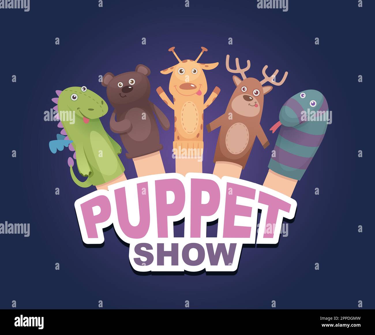 Puppet show. cartoon animals socks puppets. Vector logotype for theatre attraction Stock Vector