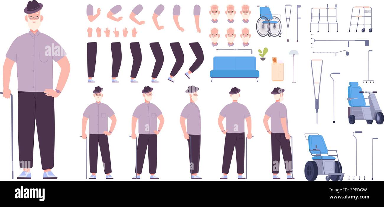 Old man constructor. Active grandfather character animation, senior