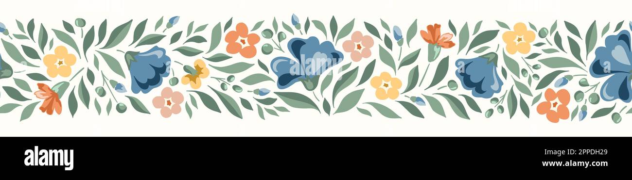 Delicate Chintz Romantic Meadow Wild Flowers Horizontal Vector Seamless Pattern Border Stock Vector