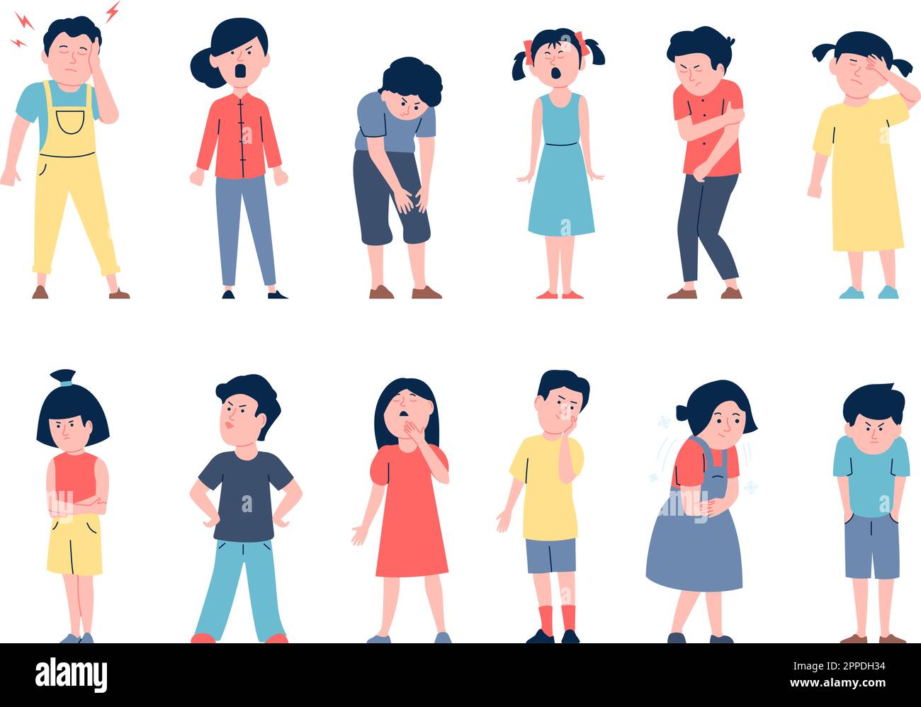 Negative emotional kids, sickness and sadness. Cartoon flat kid