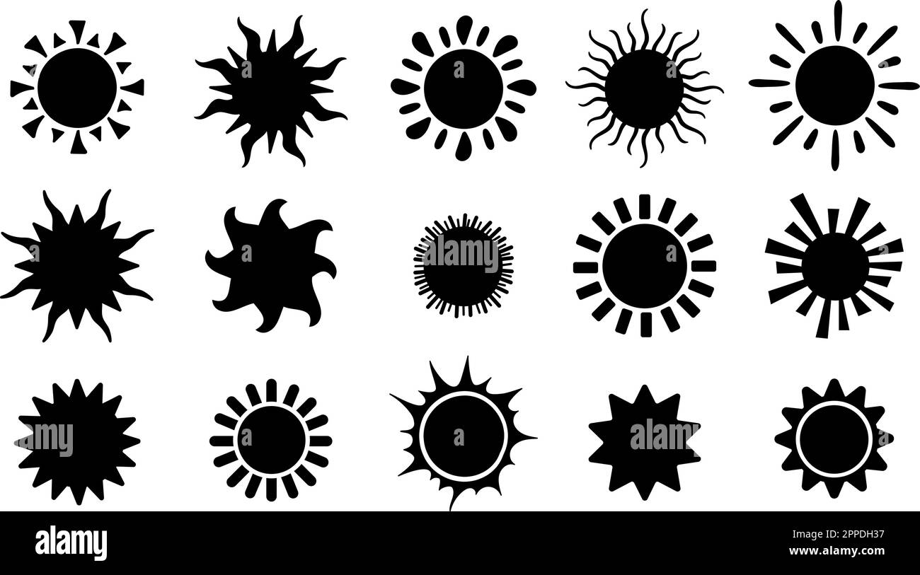 Black sun icons. Isolated summer signs, flat symbols hot weather. Abstract different suns, mascots with rays vector collection Stock Vector