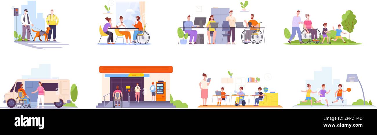 Disabled social barrier. Disability people in public place free accessibility environment, inclusive technology school transport, access to building, vector illustration of inclusive public place Stock Vector