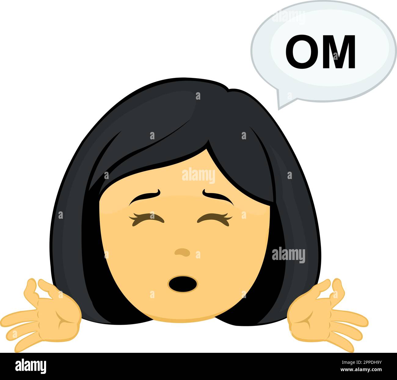 vector illustration face of emoticon yellow character woman meditating with a speech bubble with the text OM Stock Vector