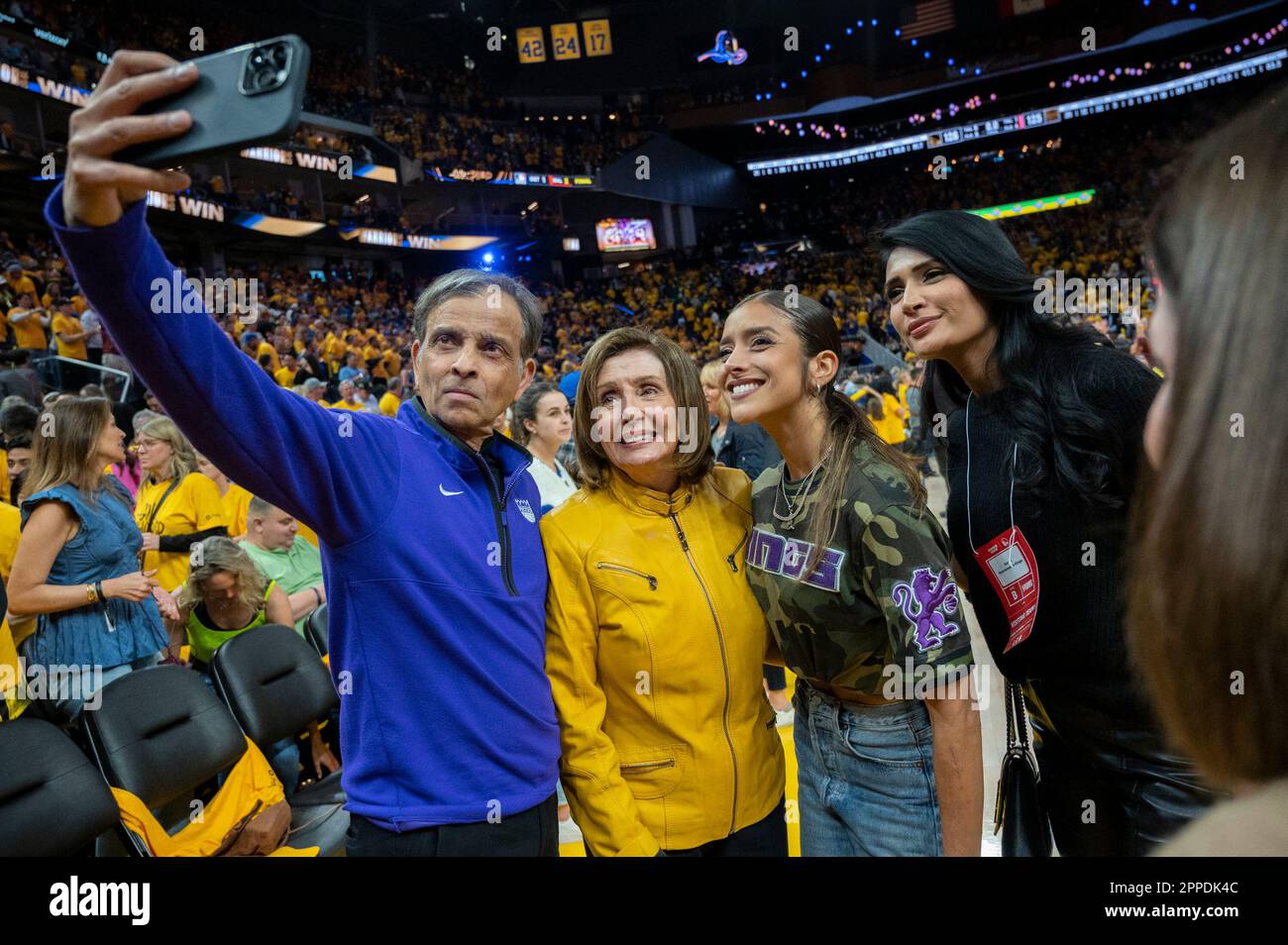 San Francisco, CA, USA. 23rd Apr, 2023. Sacramento Kings owner Vivek Ranadive takes a selfie photo with Congresswoman Nancy Pelosi, Anjali Ranadive and guest after Game 4 of the first-round NBA playoff series at Chase Center in San Francisco on Sunday, April 23, 2023. (Credit Image: © Paul Kitagaki Jr./ZUMA Press Wire) EDITORIAL USAGE ONLY! Not for Commercial USAGE! Credit: ZUMA Press, Inc./Alamy Live News Stock Photo