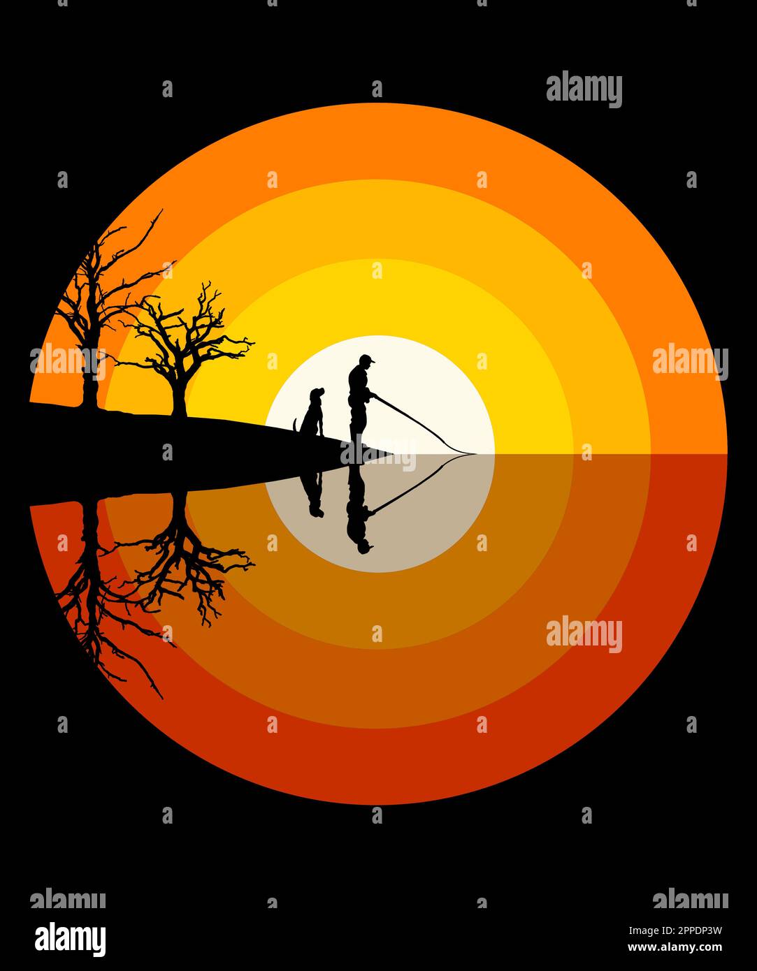 Here is a wilderness sunset that is a graphic concentric circle design. A man fishes at sunset with his faithful dog at he side in a vector illustrati Stock Photo