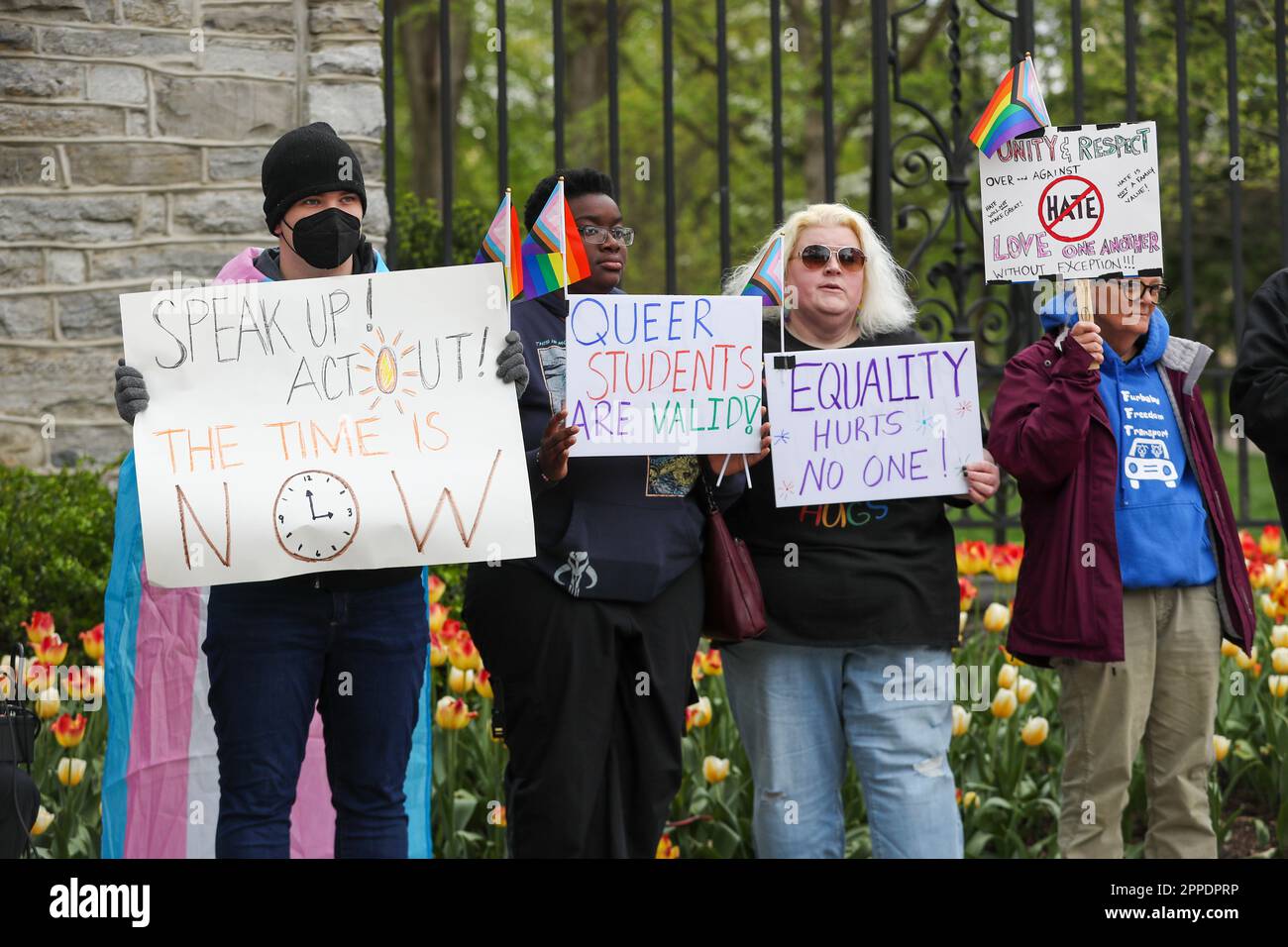 State College, United States. 23rd Apr, 2023. Protesters hold signs at a rally for safe Centre County public schools in State College, Pa., on April 23, 2023. The rally was held in response to an event called 'School Board Boot Camp' hosted by Chuck Mason. The boot camp to help school board members and candidates 'to create informed policies that oppose CRT, LGBTQ and DEI to protect kids' was cancelled after the protest was announced. (Photo by Paul Weaver/Sipa USA) Credit: Sipa USA/Alamy Live News Stock Photo