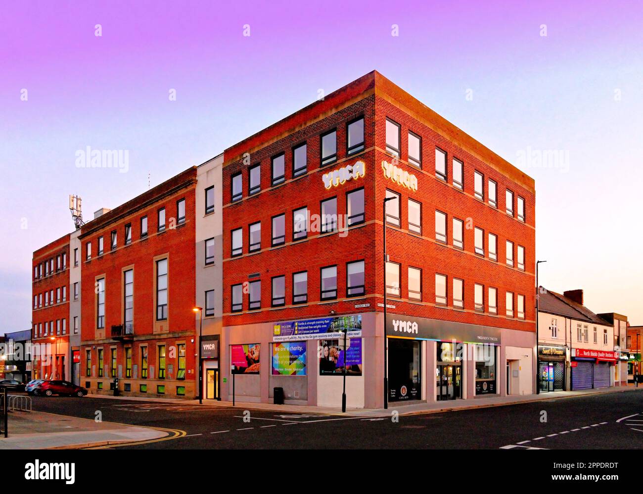 North Shields YMCA Gym and coffee shop in West Percy Street at twilight Stock Photo Alamy