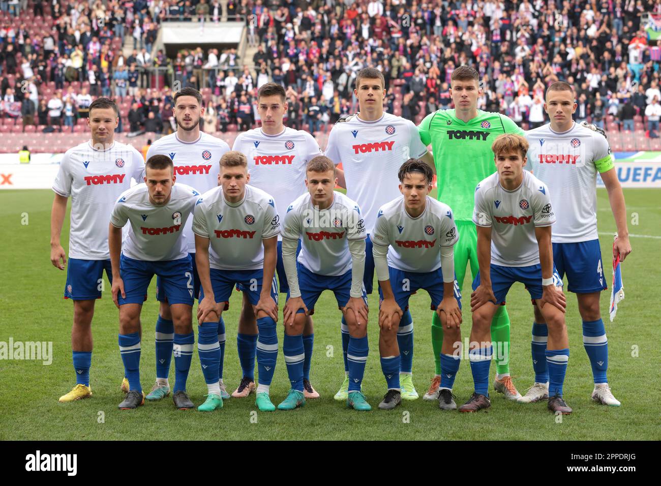 Geneva, Switzerland, 21st April 2023. The Hajduk Split starting eleven line  up for a team photo prior to kick off, back row ( L to R ); Jere Vrcic,  Mate Antunovic, Ante