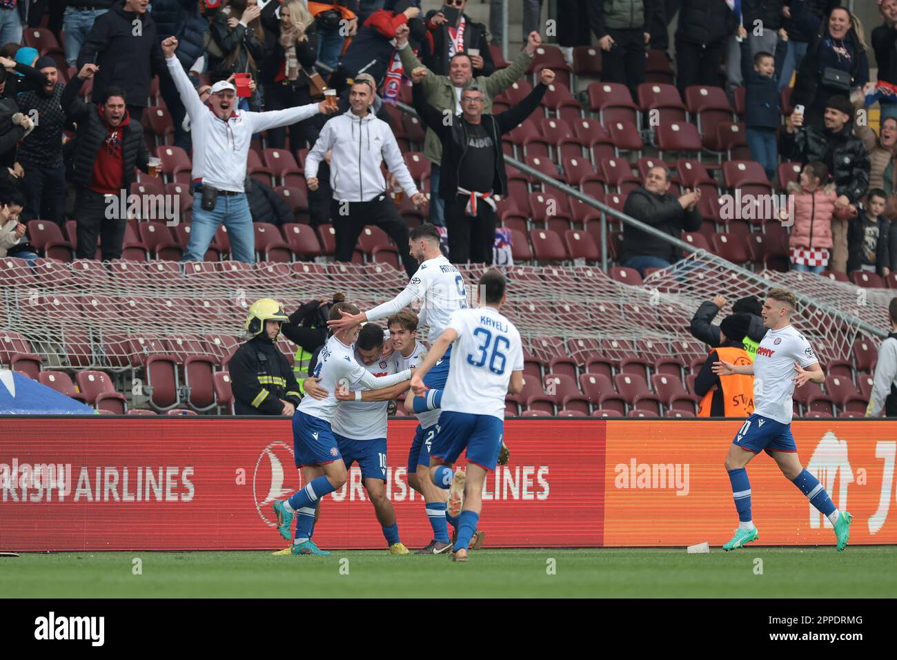 Geneva, Switzerland, 21st April 2023. The Hajduk Split starting eleven line  up for a team photo prior to kick off, back row ( L to R ); Jere Vrcic,  Mate Antunovic, Ante