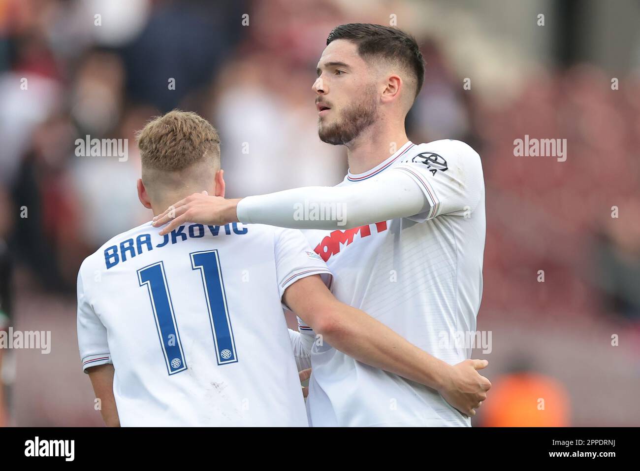 Geneva, Switzerland, 21st April 2023. The Hajduk Split starting eleven line  up for a team photo prior to kick off, back row ( L to R ); Jere Vrcic,  Mate Antunovic, Ante