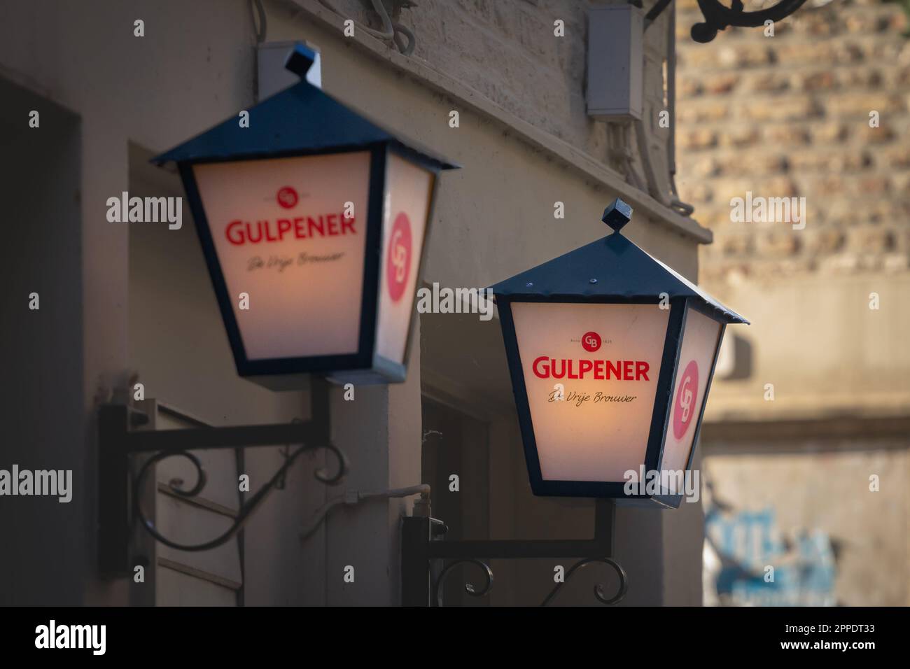 Picture of a sign with the logo of Gulpener beer taken on a bar in Maastricht, Netherlands. Gulpener Bierbrouwerij BV is an independent Dutch brewery Stock Photo